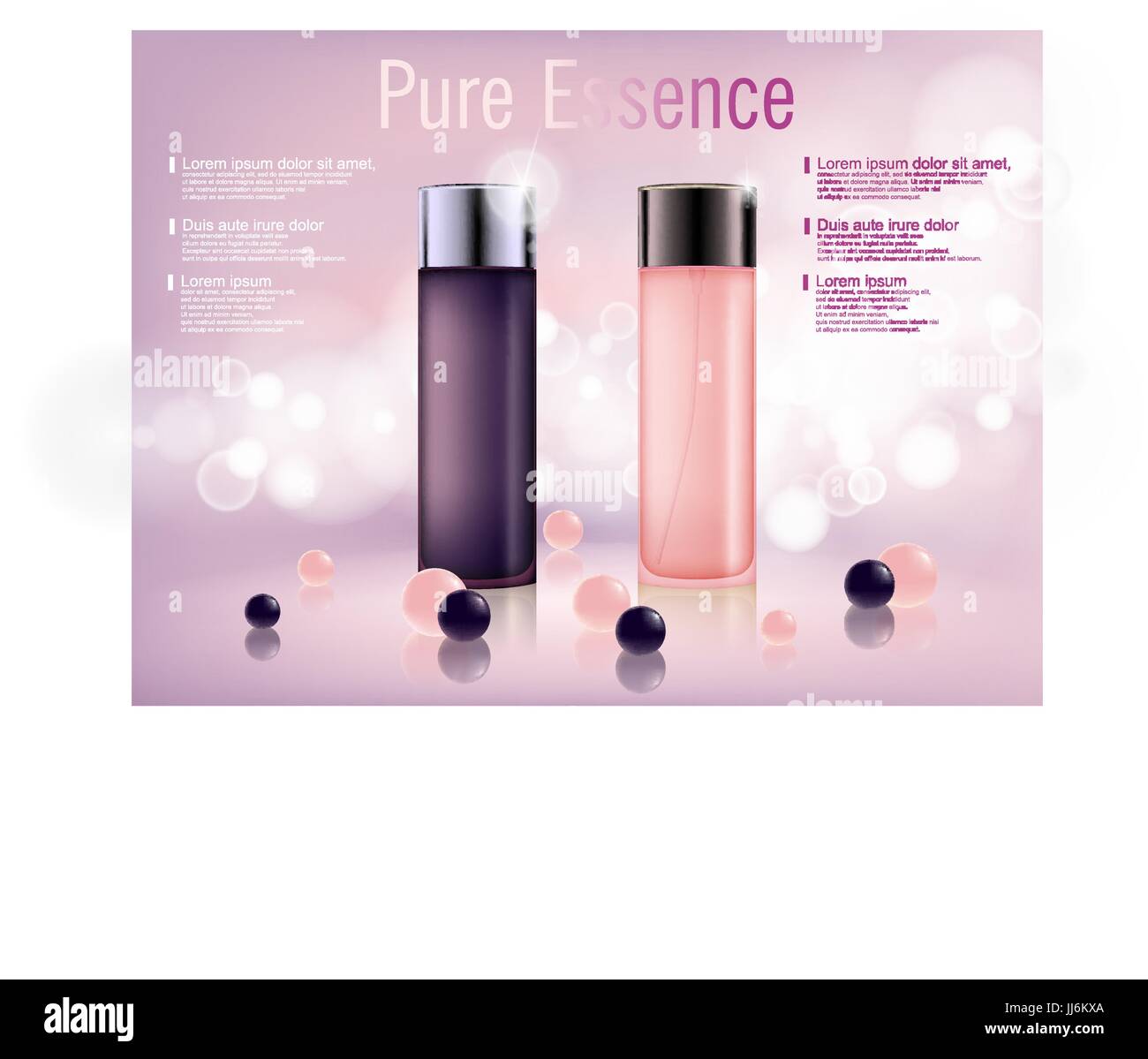 Idratante cosmetici prodotti di marca. Shiny rosa e viola la bottiglia del siero con soft bokeh sfondo. Vettore 3D bottiglia traslucido illustrazione. Illustrazione Vettoriale