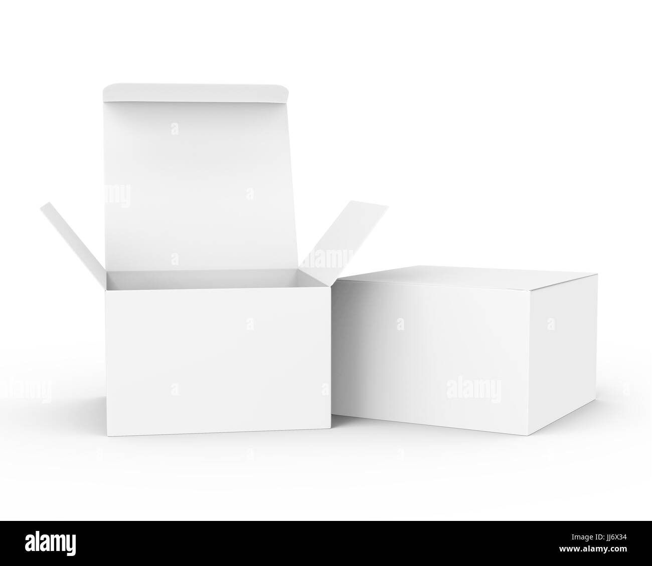 Vuota la casella carta mockup, bianco, scatole di carta una aperta e l'altra chiusa in 3D rendering Foto Stock Vuota la casella carta mockup, bianco, scatole di carta una aperta e l'altra chiusa in 3D rendering Foto Stock