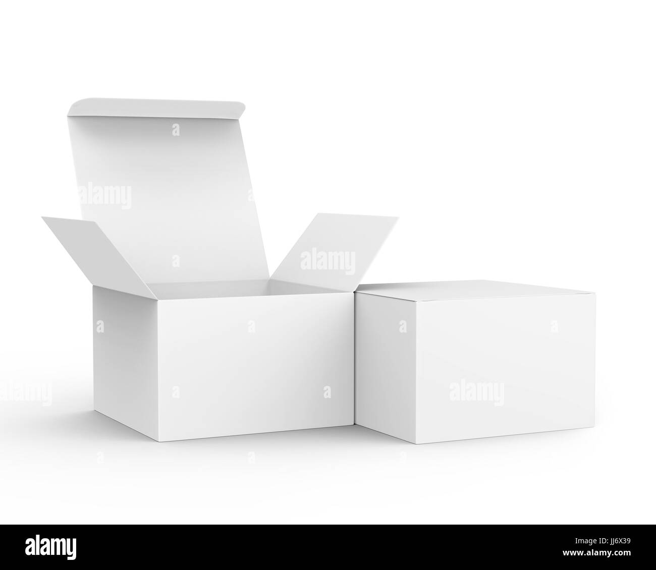 Vuota la casella carta mockup, bianco, scatole di carta una aperta e l'altra chiusa in 3D rendering Foto Stock Vuota la casella carta mockup, bianco, scatole di carta una aperta e l'altra chiusa in 3D rendering Foto Stock