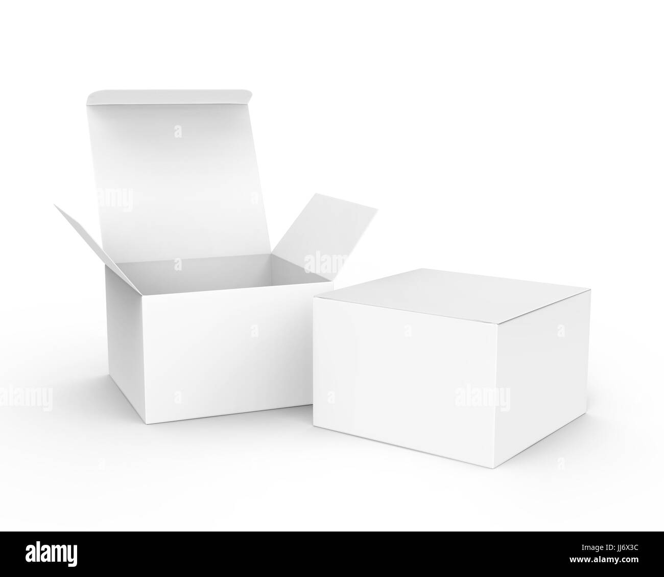 Vuota la casella carta mockup, bianco, scatole di carta una aperta e l'altra chiusa in 3D rendering Foto Stock Vuota la casella carta mockup, bianco, scatole di carta una aperta e l'altra chiusa in 3D rendering Foto Stock