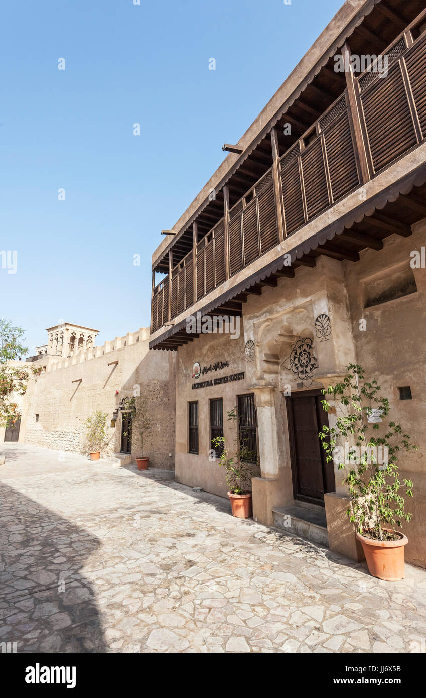 Architectural Heritage Society, al souk Fahidiold area, Bastakiya, Dubai, Emirati Arabi Uniti Foto Stock