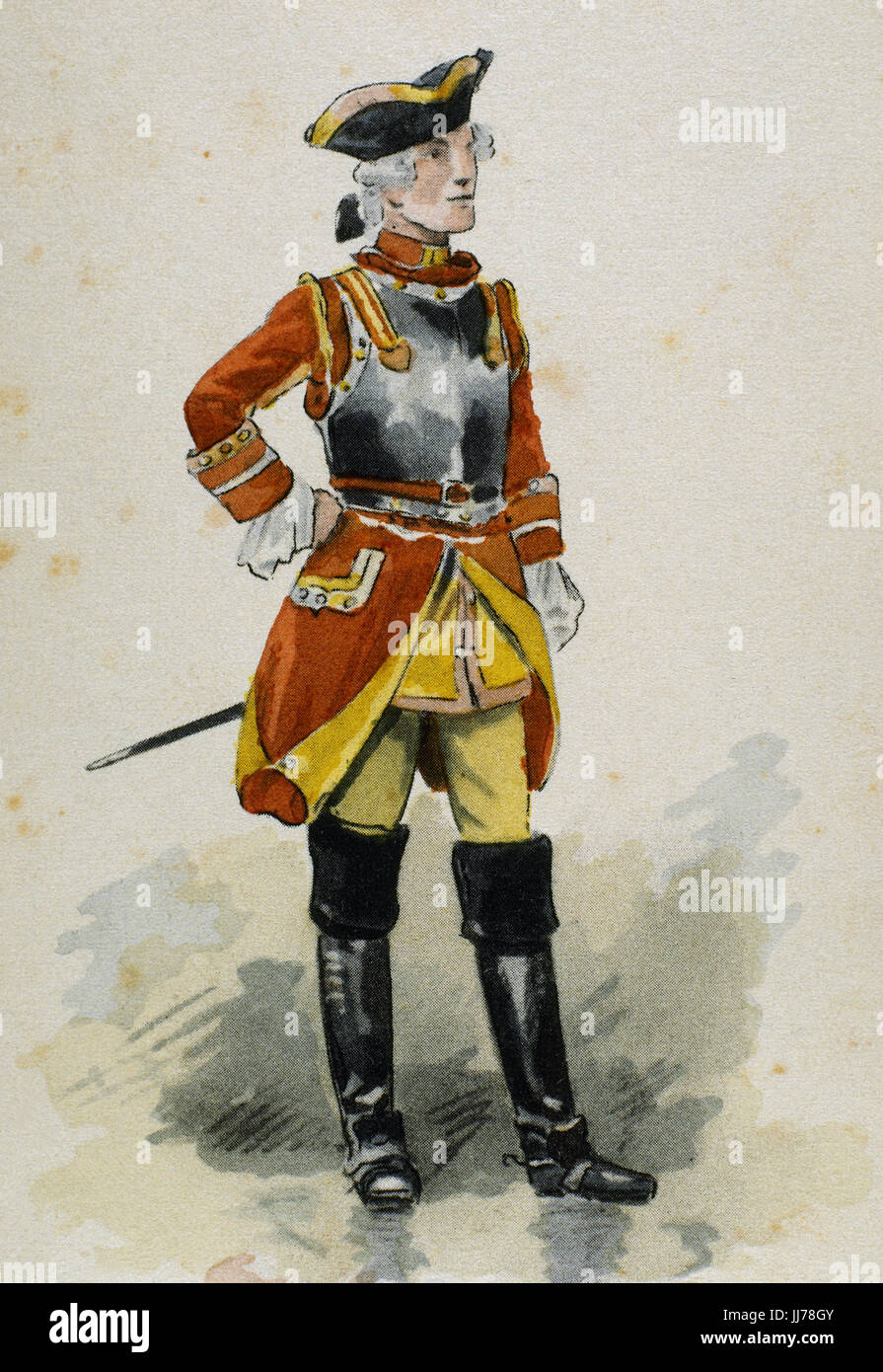 Spagna. Uniformi militari. Il XVIII secolo. Soldato del reggimento della regina nel 1766. Incisione. Colore. Foto Stock