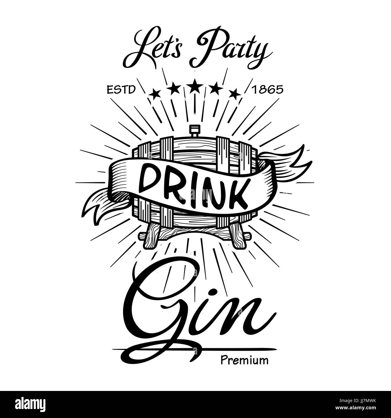 Etichetta di gin vintage disegnato a mano tipografia di confine blackboard vettore. L'alcol. I barili di legno bevande segni. Badge tipografiche con abbozzato caratelli. Usato fo Illustrazione Vettoriale