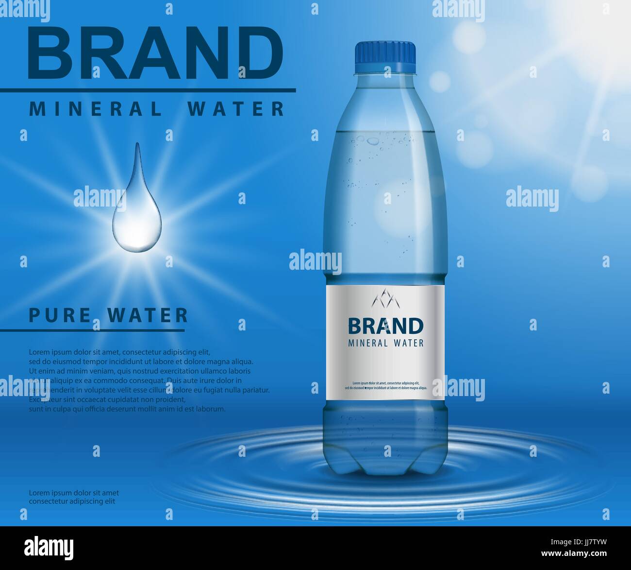 Pura acqua minerale ad, la bottiglia di plastica con acqua goccia elementi su sfondo blu. Contenitore trasparente mockup, con il proprio marchio per la progettazione e la pubblicità. Realistiche in 3D illustrazione vettore. Illustrazione Vettoriale