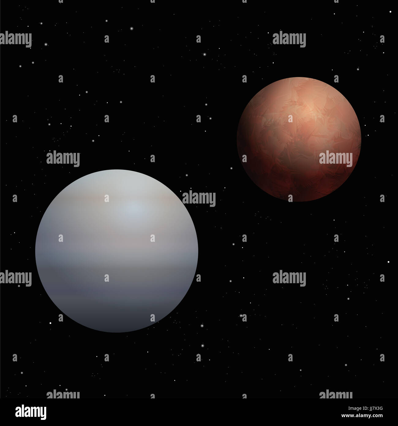 Marte rosso e grigio-blu Venus, simboli di sesso maschile e di sesso femminile, comportamento modo - artistica e illustrazione realistica del planetario amore matura. Foto Stock