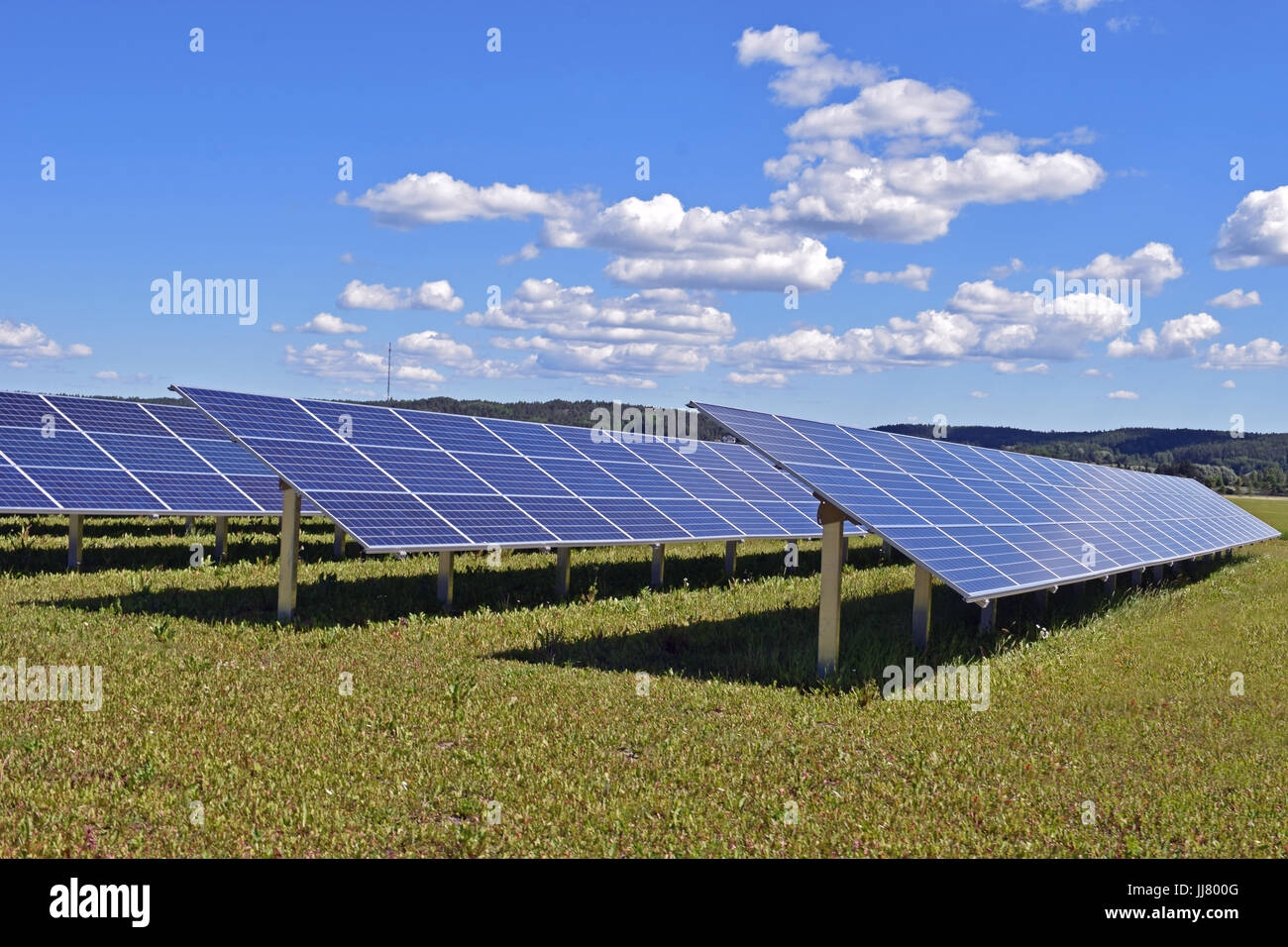 Pannelli solari sul campo. Cielo sereno con poche piccole nuvole sullo sfondo. Foto Stock