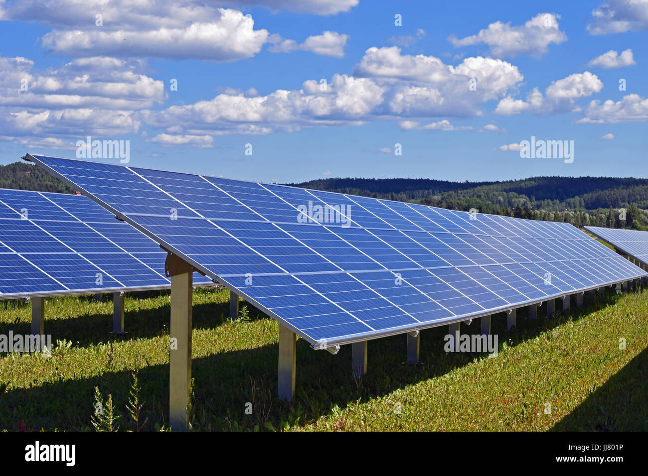 Pannelli solari sul campo. Cielo sereno con poche piccole nuvole sullo sfondo. Foto Stock