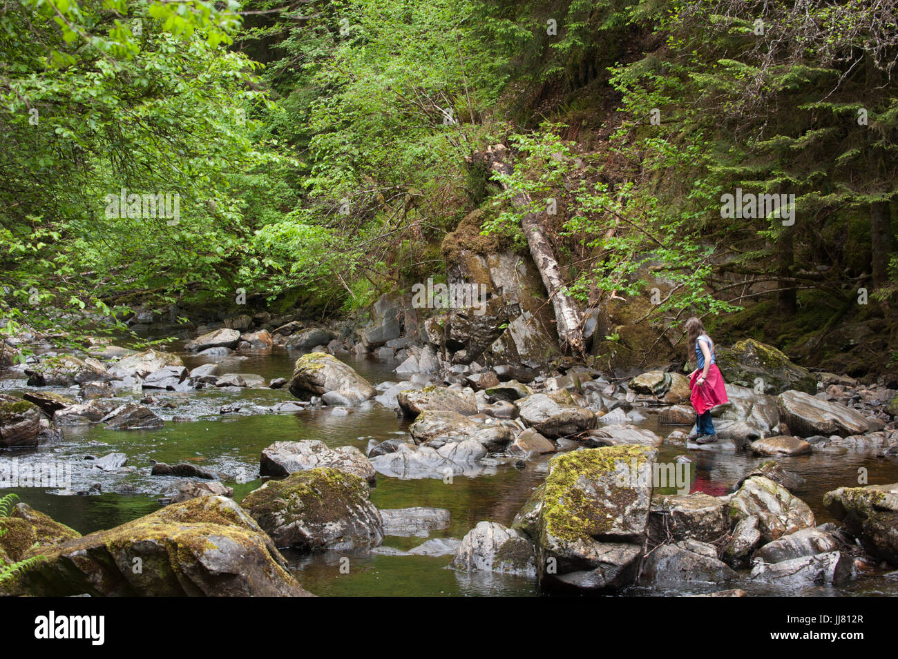 Ragazza sulle rocce accanto al fiume vicino a Plodda Falls, Allt na Bodachan, Inverness-shire, Scozia, Isole britanniche Foto Stock