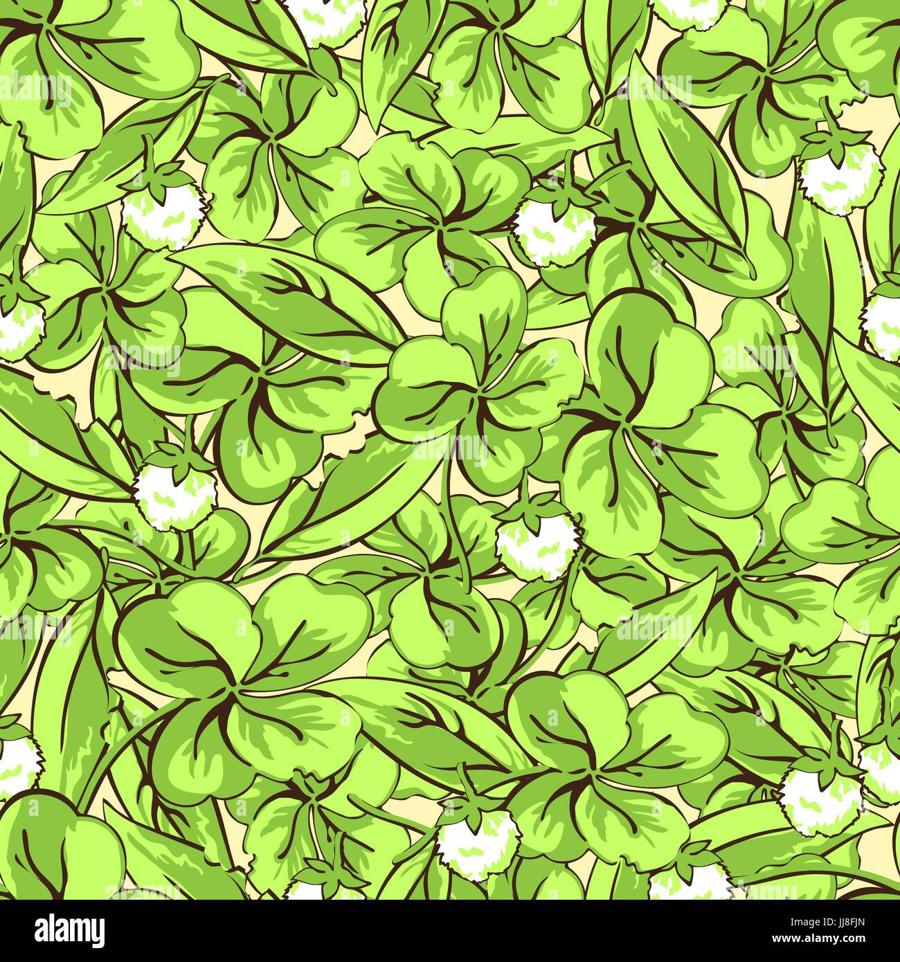 Cartoon del disegno a mano le foglie e i fiori di trifoglio seamless pattern, sfondo vettoriale. Per disegno di tessuto, carta da parati wrapper, stampa, decorazione Illustrazione Vettoriale