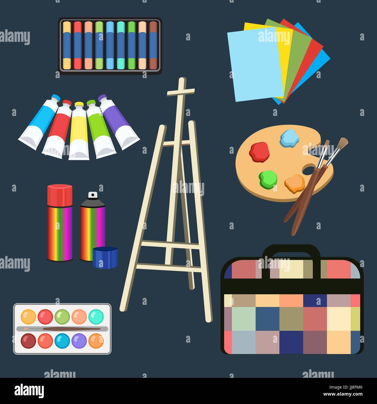 Arte realistica forniture, set di materiali d'arte. Cavalletto, pastello, vernice in tubi, acquerello, tavolozza spazzola e spruzzare vernice nel barattolo, carta, borsa cartella. Ve Illustrazione Vettoriale