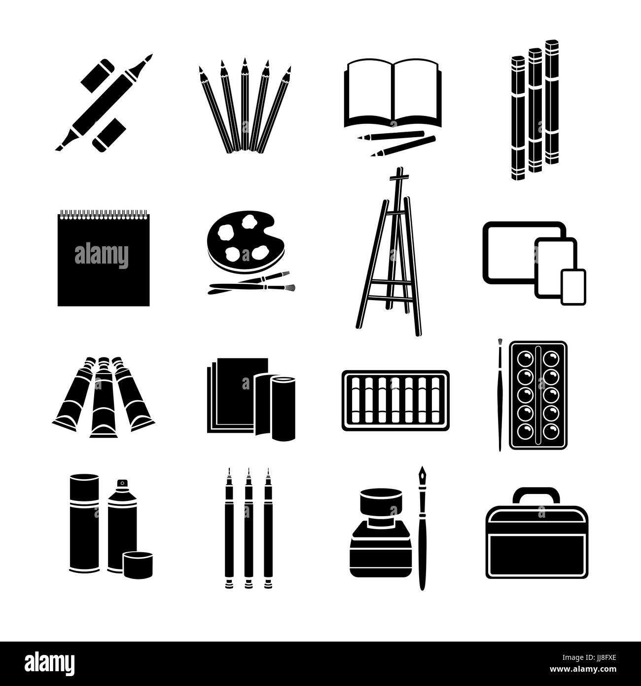 Set di icone di piatto arte forniture, materiali d'arte. Tecnica professionale marcatore, matite colorate, taccuino, palette e spazzola, cavalletto, vernice nel tubo, acquerello, Illustrazione Vettoriale