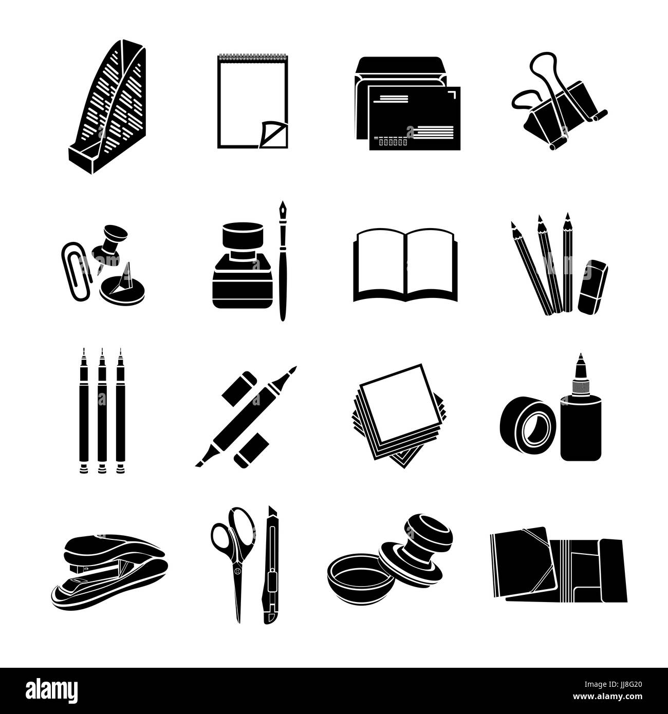 Articoli di cancelleria set di icone vettoriali. Piatto nero strumenti di office isolati su sfondo bianco Illustrazione Vettoriale