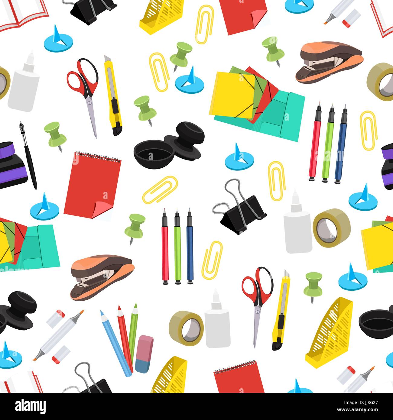 Articoli di cancelleria seamless pattern, sfondo vettoriale. Multicolor strumenti di office su un sfondo bianco. Per la carta da parati design, involucri, tessuto Illustrazione Vettoriale