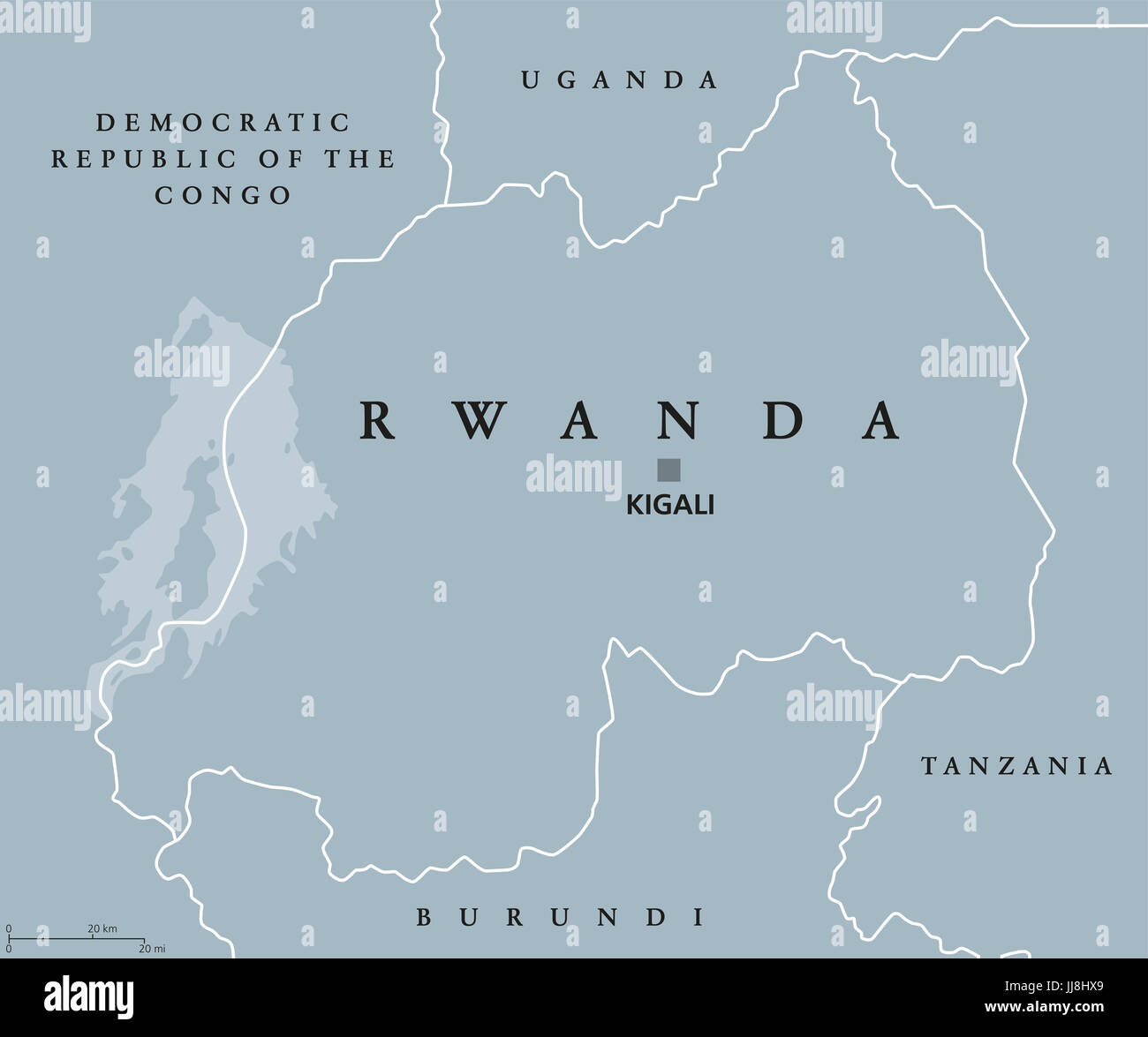 Ruanda mappa politico con capitale Kigali. Repubblica e Stato sovrano, situato nell'Africa centrale e orientale. Paese nella regione dei Grandi Laghi africani. Foto Stock