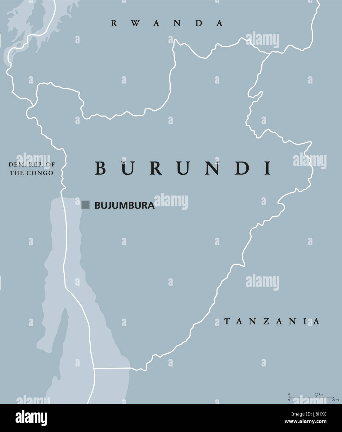 Burundi mappa politico con capitale Bujumbura e i confini internazionali. Repubblica e paese senza sbocco sul mare nella regione africana dei Grandi laghi in Africa. Foto Stock