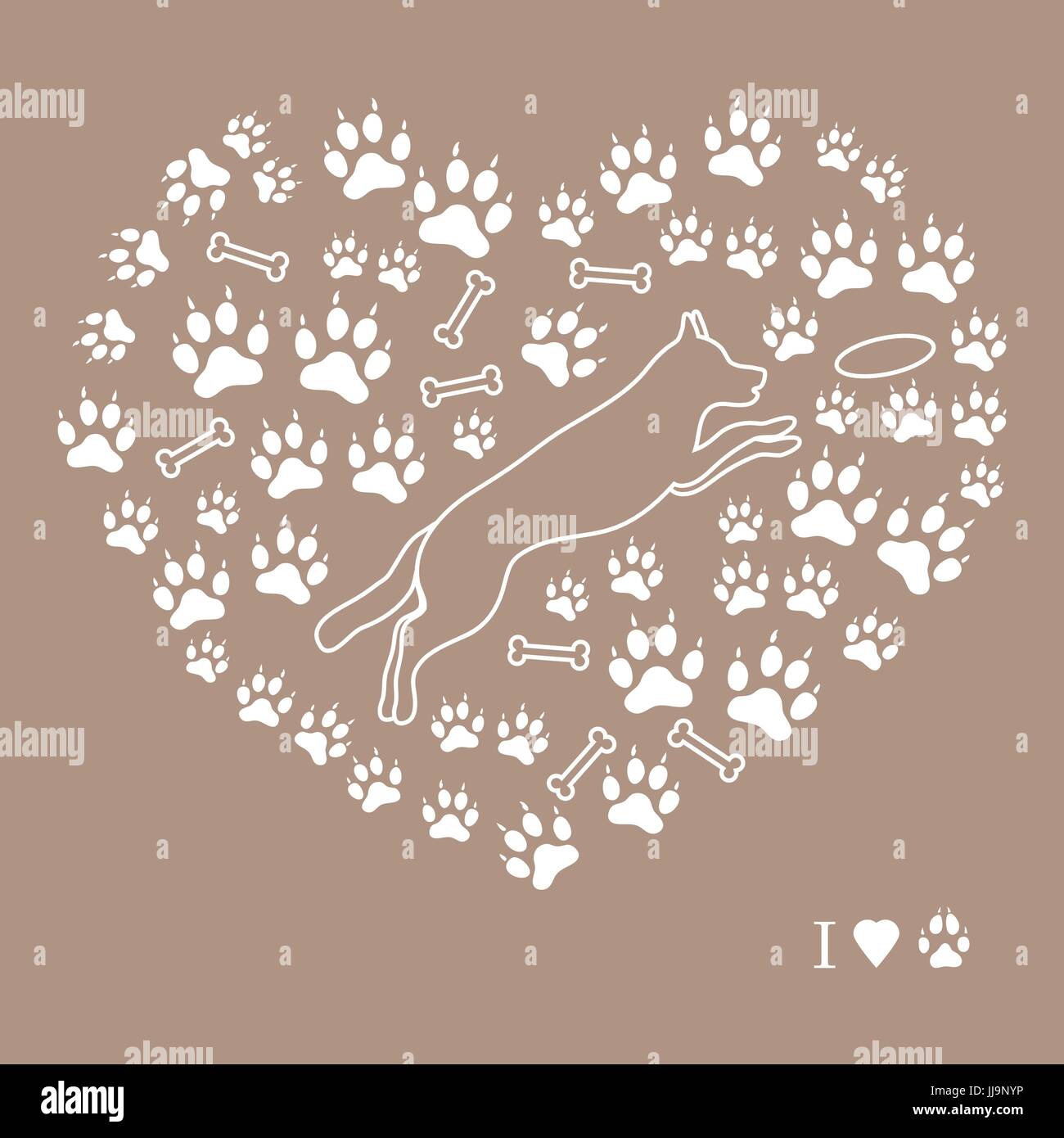 Bella immagine del cane di salto silhouette su uno sfondo di cane le vie e le ossa in forma di cuore su uno sfondo colorato. Illustrazione Vettoriale