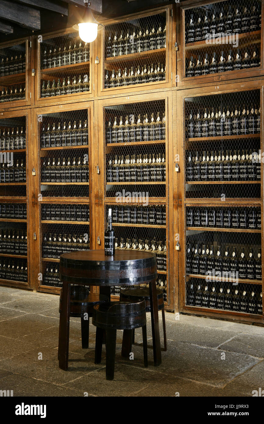 Barili di vino di Madera in una cantina al Blandy's Wine Lodge, Funchal, Madeira, Portogallo Foto Stock