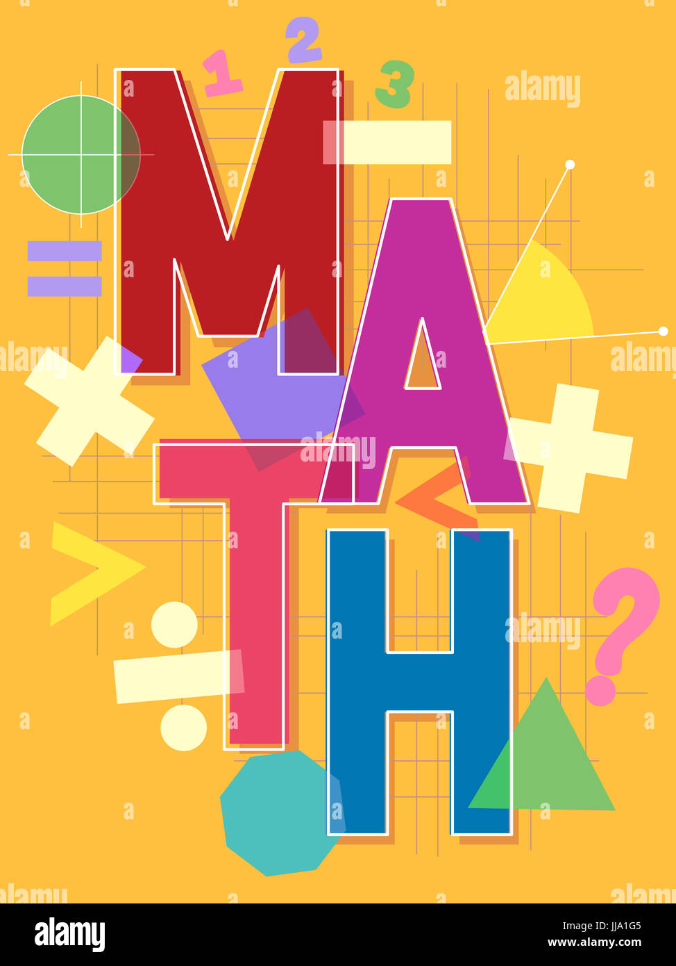 Illustrazione tipografici con la parola Math circondato da diversi simboli matematici Foto Stock