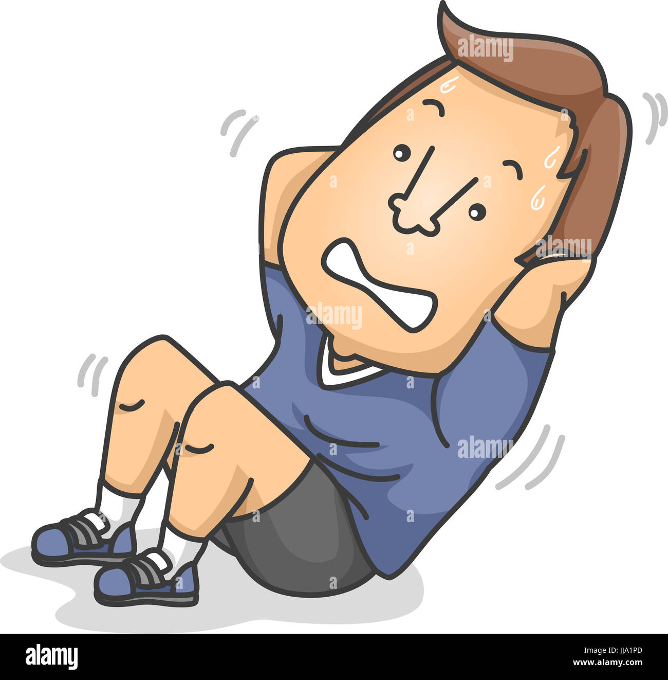 Illustrazione di fitness di smorfie di un uomo in formazione vestiti lottando per eseguire sit ups Foto Stock