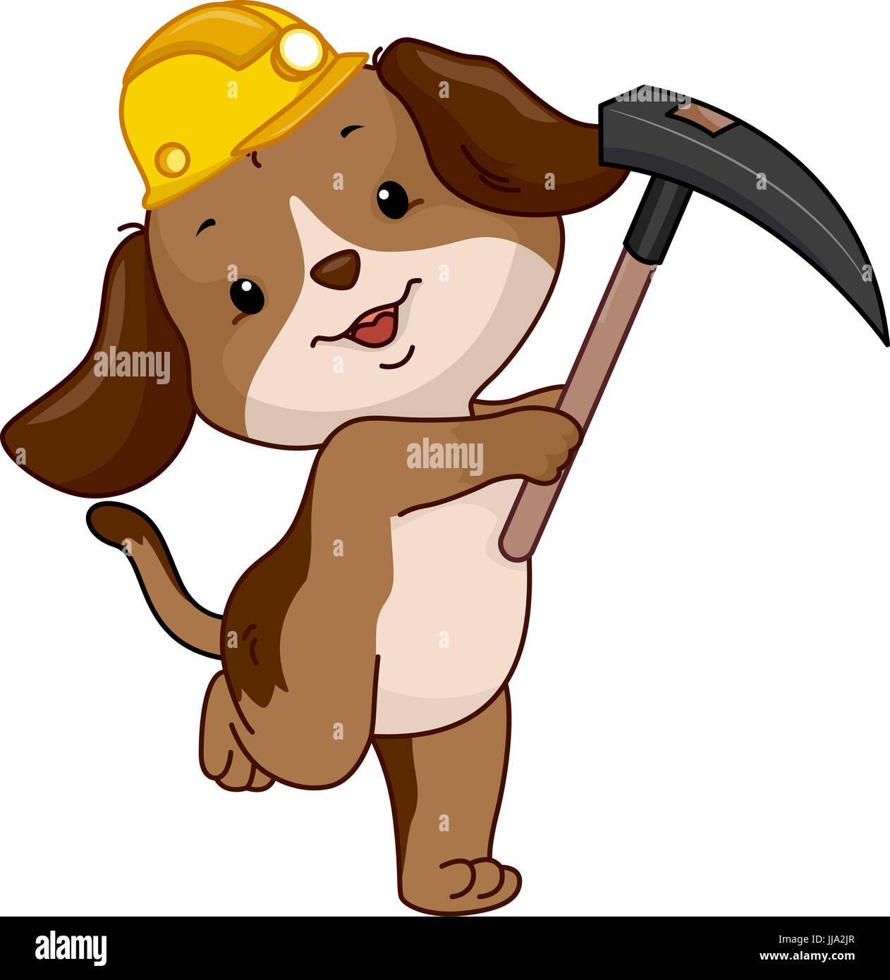 Il Mascot illustrazione di un simpatico cane minatore in un Casco giallo  trasportano una zappa Foto stock - Alamy