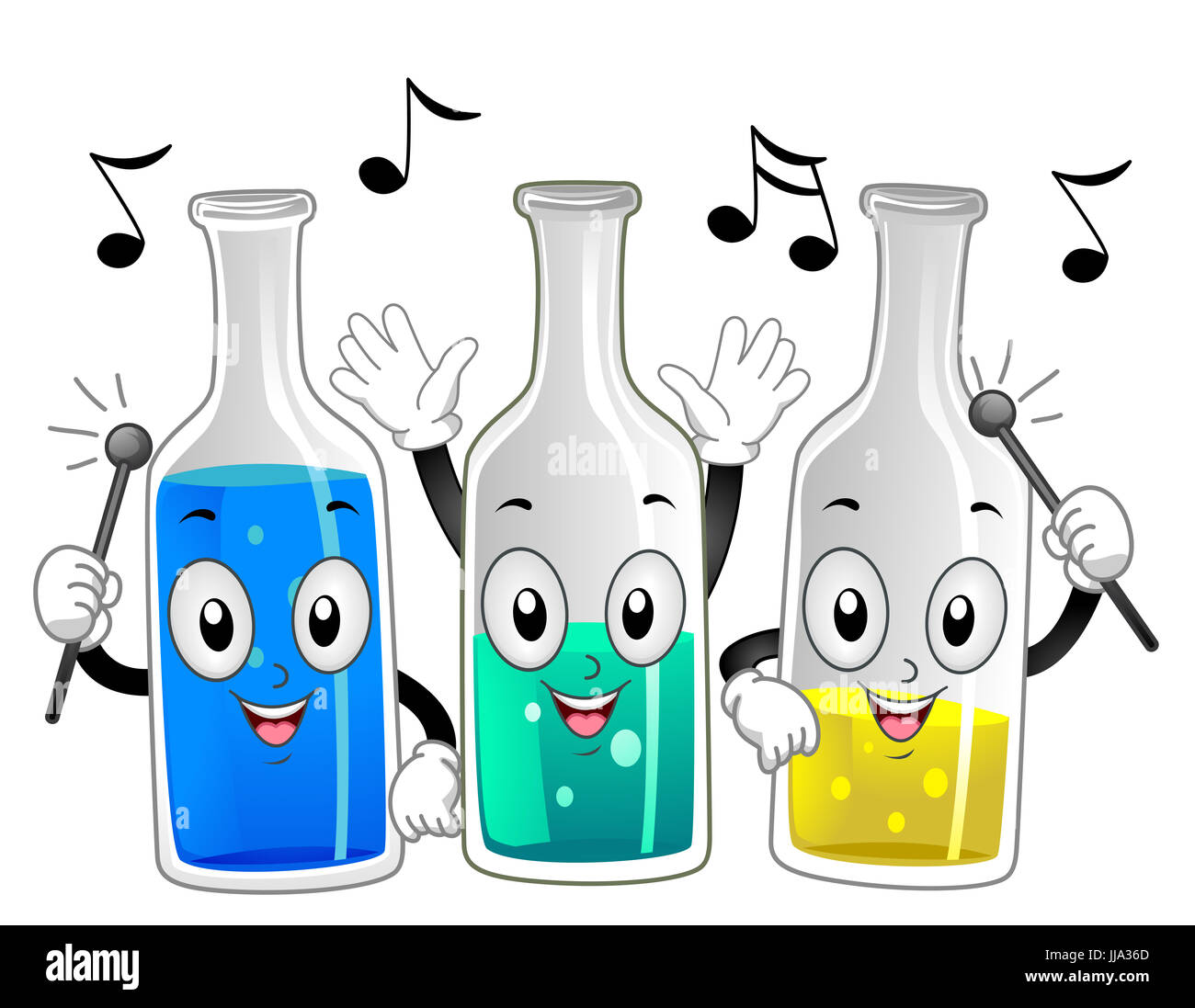 Il Mascot illustrazione di un gruppo di felice di bottiglie di vetro battendo bastoni contro i loro lati per rendere i suoni musicali Foto Stock
