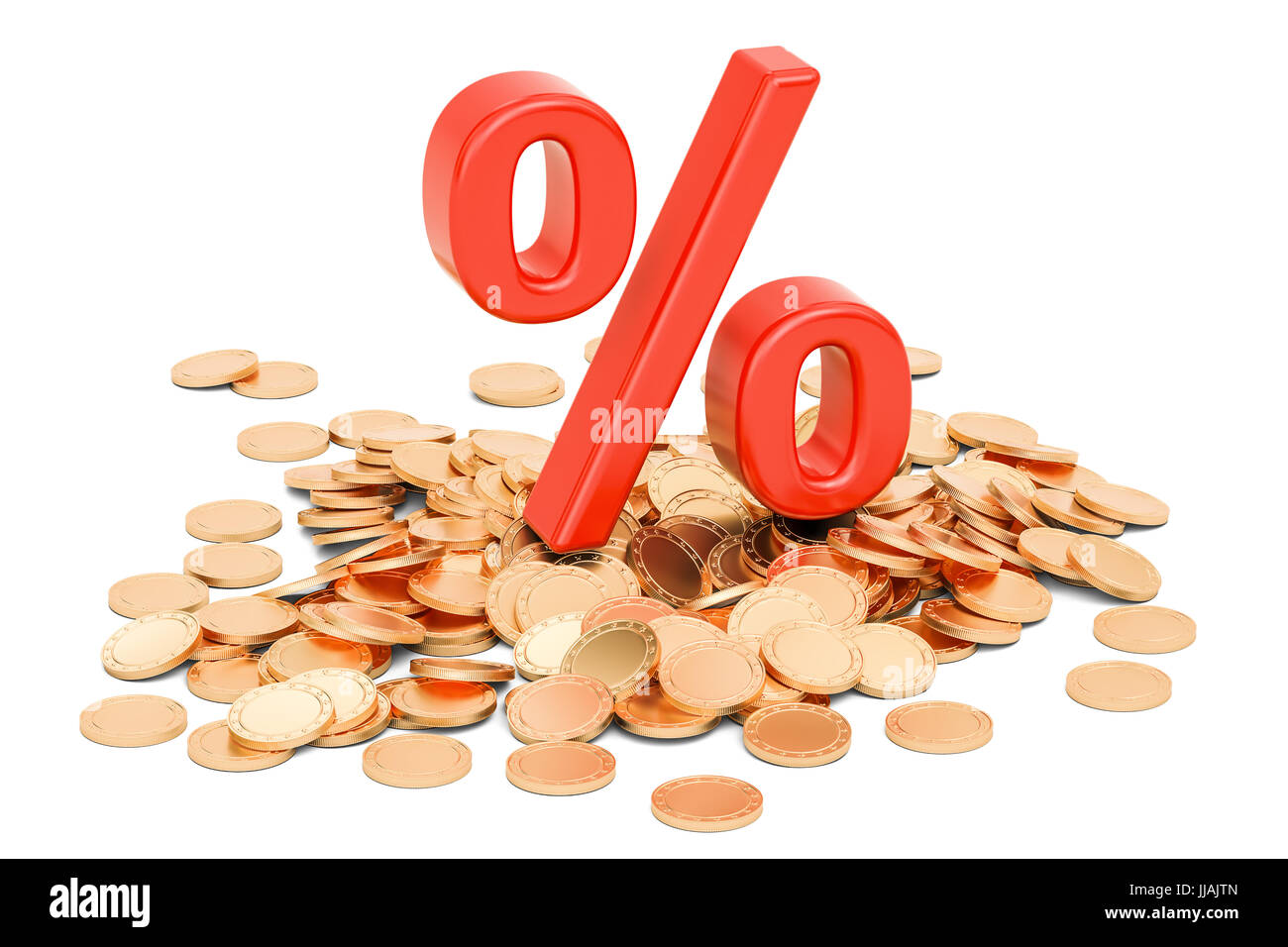 Rosso segno di percentuale sulle monete doro, rendering 3D isolati su sfondo bianco Foto Stock