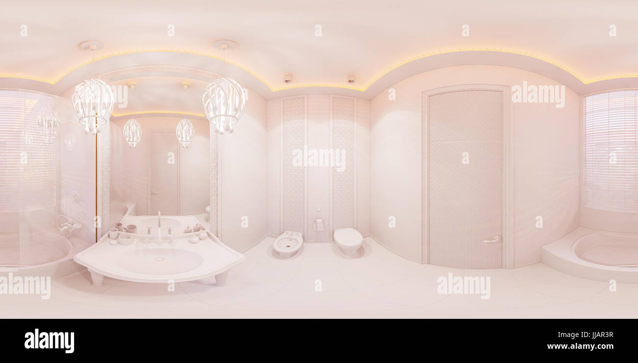 3d illustrazione sferica a 360 gradi, seamless panorama bagno della camera di albergo in un tradizionale stile islamico. Bella camera deluxe sfondo inter Foto Stock