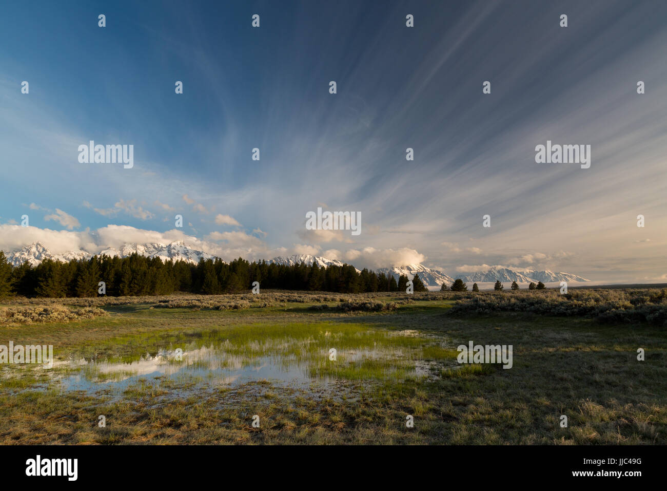 Neve-stagno fuso che riflette l'alba sul Teton Mountains. Il Parco Nazionale del Grand Teton, Wyoming Foto Stock