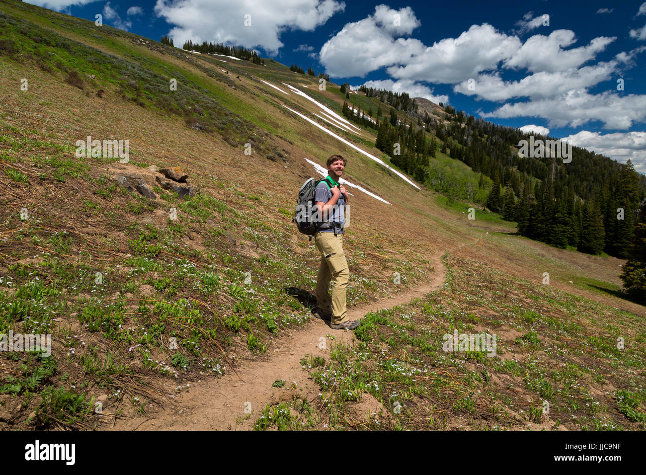 Un maschio di escursionista pause durante la discesa di Phillips Pass Trail, con fuso di recente del manto nevoso. Bridger-Teton National Forest, Wyoming Foto Stock