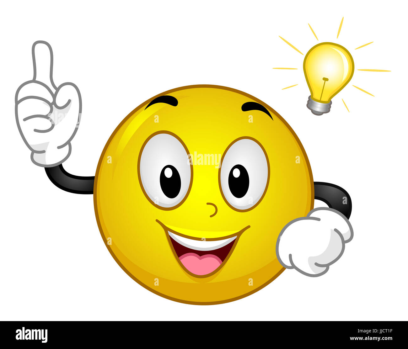 Il Mascot illustrazione di un entusiasta gialli Smiley avente un momento Aha tenendo fuori il suo dito indice mentre una lampadina si libra sopra la sua testa Foto Stock