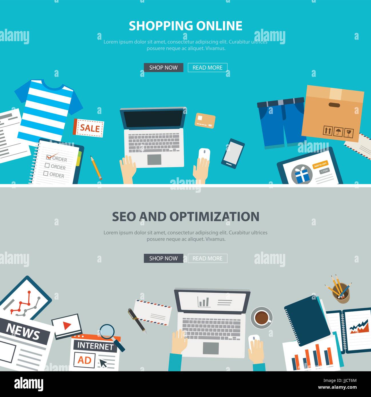 Shopping online concetto desktop con ottimizzazione seo design piatto Illustrazione Vettoriale