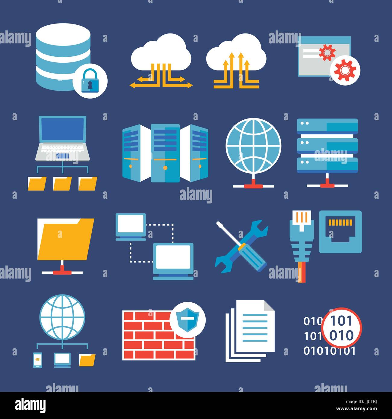 Rete di computer e database icona piatta Illustrazione Vettoriale