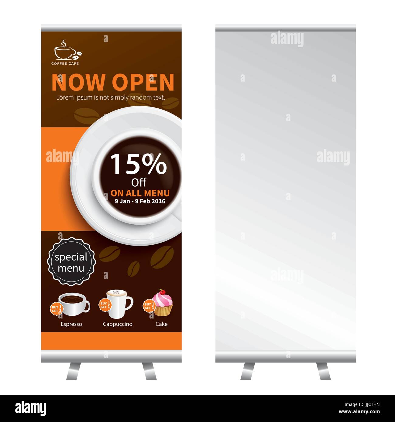 Caffè Roll up banner design stand Illustrazione Vettoriale