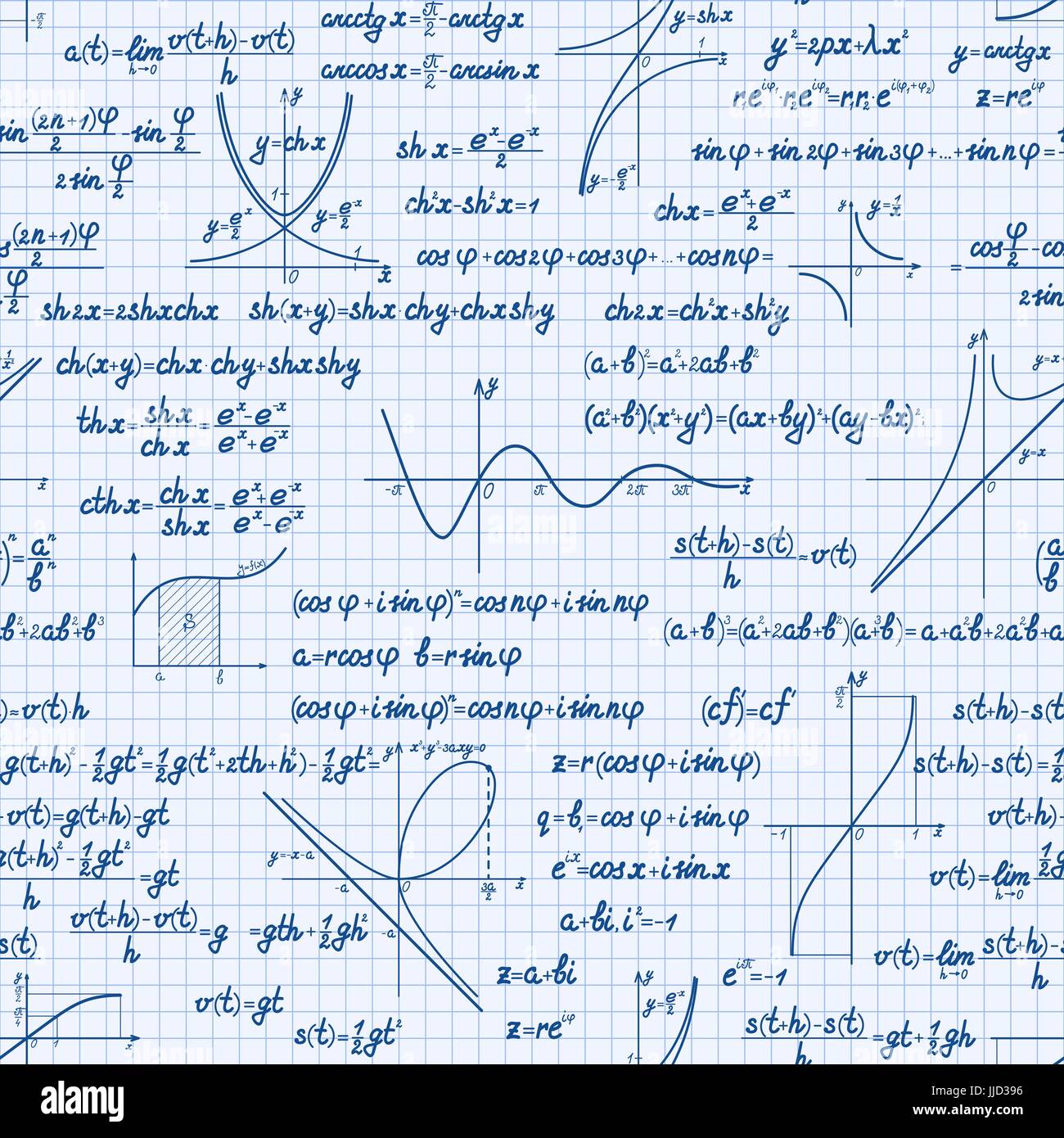 Matematica vettoriale seamless pattern con segni diversi, figure, formule e grafici di funzioni. Matematica lo sfondo della cartella di lavoro Illustrazione Vettoriale