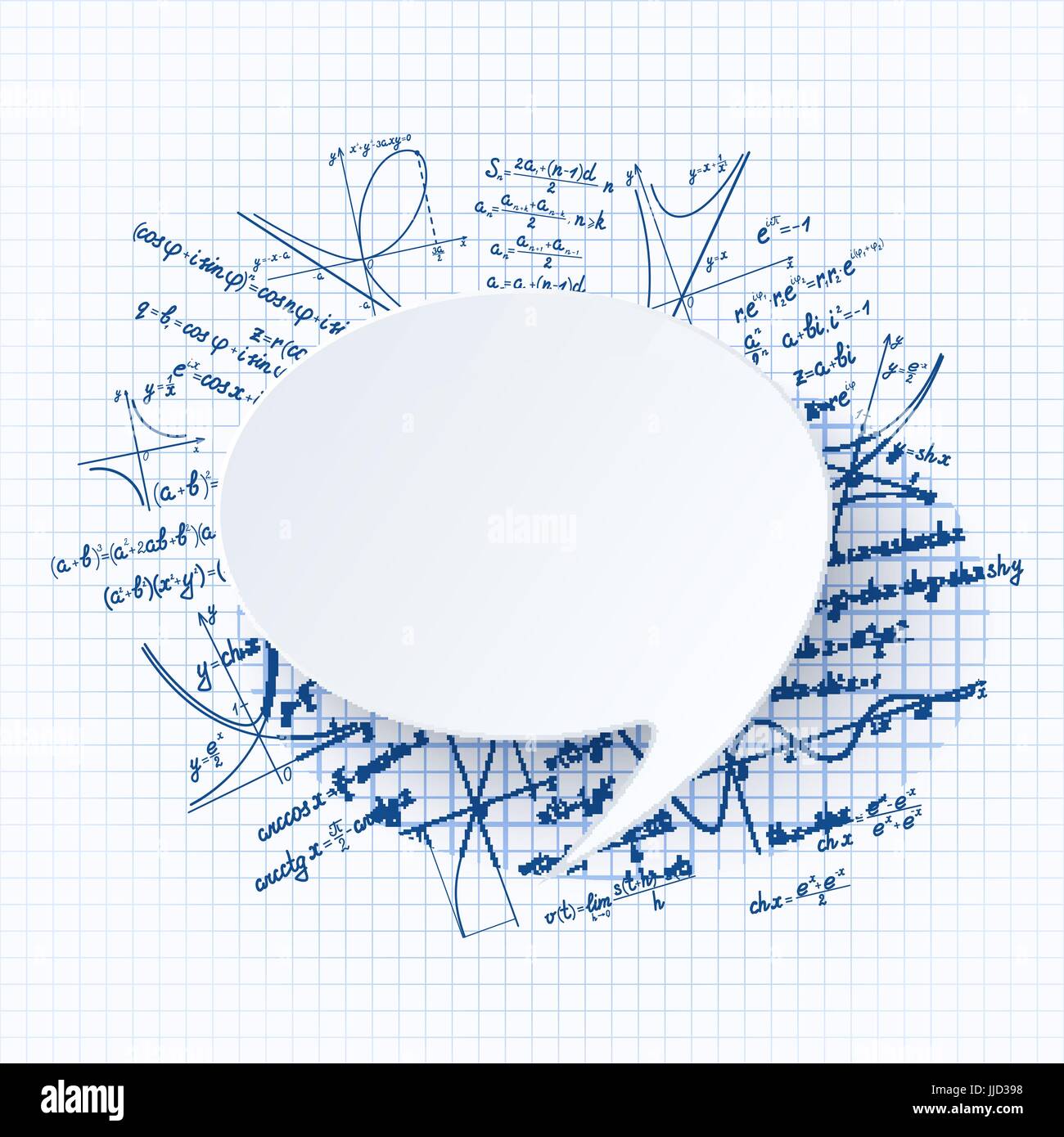 Matematica vettoriale sfondo con discorso bolla sulla cartella di lavoro sullo sfondo con diverse formule e grafici Illustrazione Vettoriale