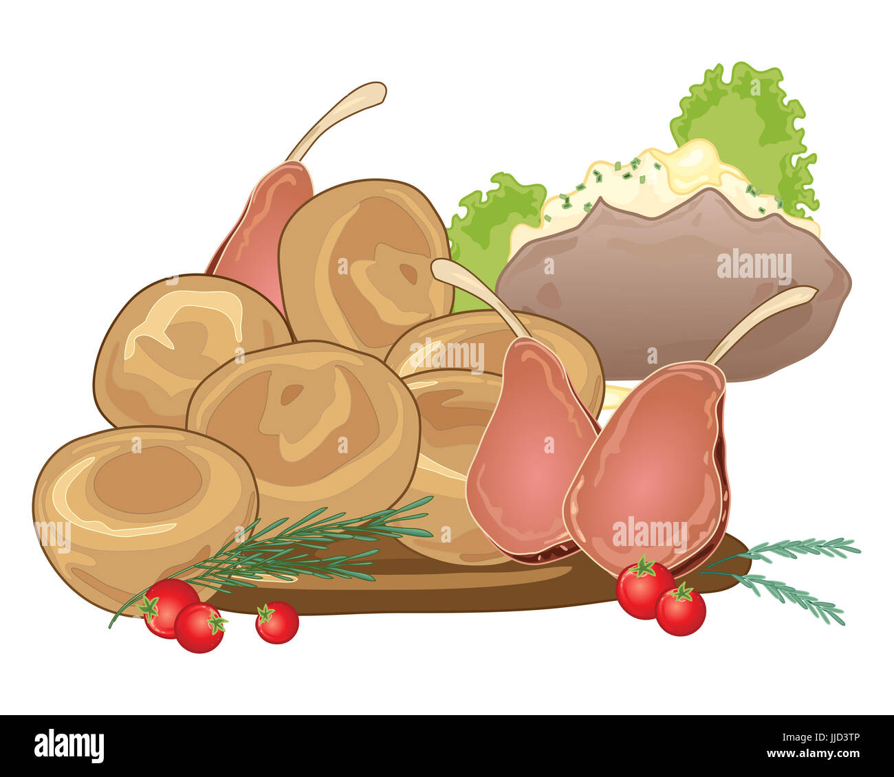 Una illustrazione di un tradizionale Arrosto domenicale pasto con Yorkshire pudding carré di agnello e patate al forno su sfondo bianco Foto Stock