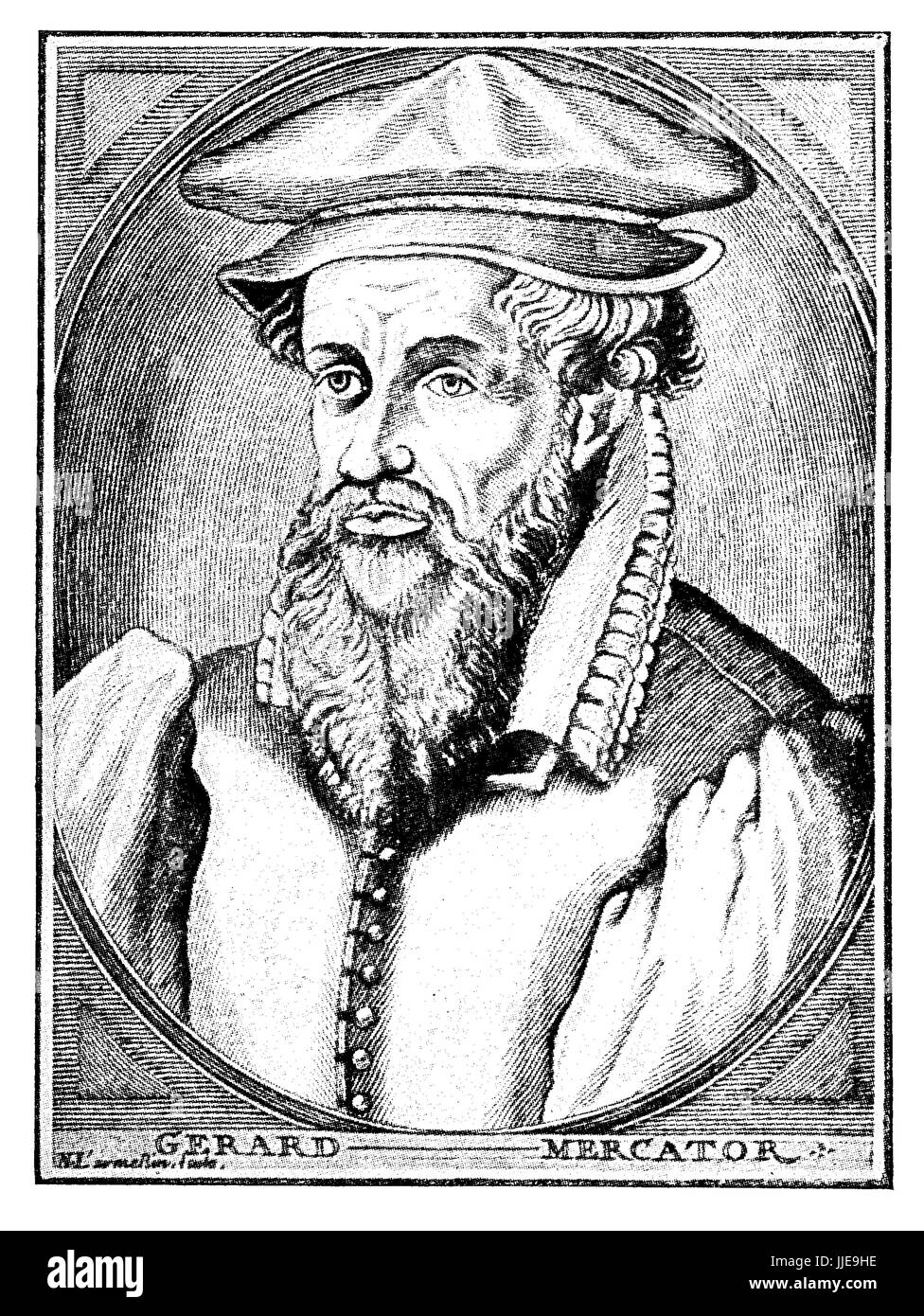 Ritratto di Gerardus Mercator, tedesco-carthografer fiamminga,creato nel 1569 la prima mappa mondiale con una nuova proiezione ancora impiegati in carte nautiche Foto Stock