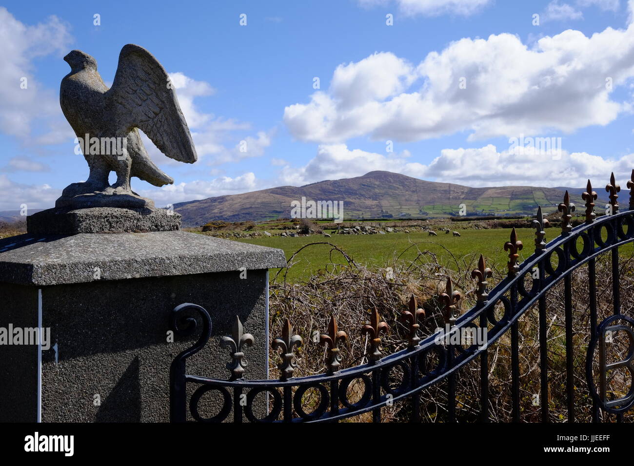 Aquila di pietra e le ringhiere in ingresso alla fattoria vicino a Ballycarbery Castle e pollici Strand nella Contea di Kerry, Irlanda Foto Stock