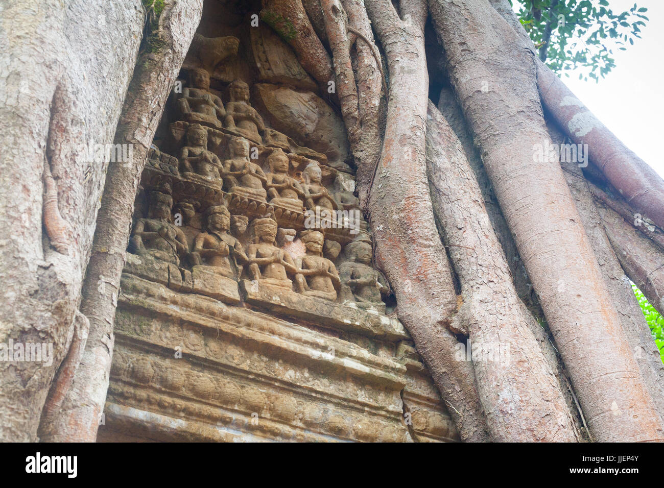 Angkor Wat di muschio antico muro di pietra decorata con statue rilievi Cambogia Foto Stock