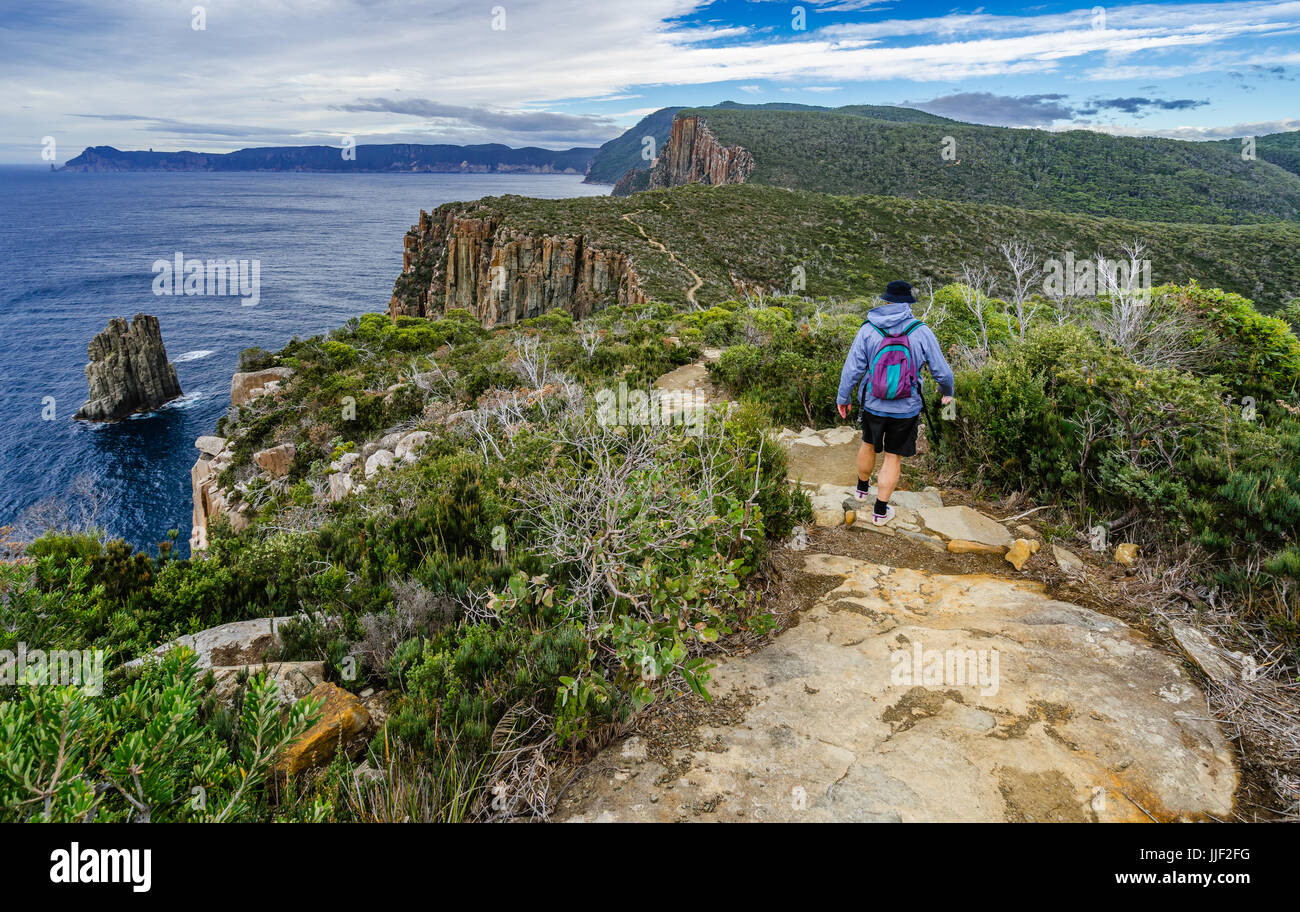 L'uomo escursionismo verso Fortescue Bay, Cape Hauy, Tasmania, Australia Foto Stock