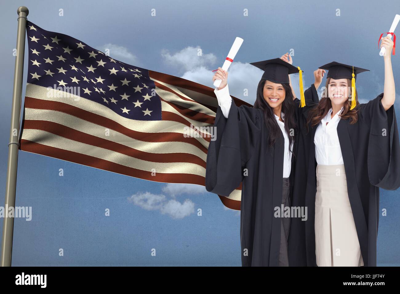 Composito Digitale degli studenti contro la bandiera americana Foto Stock