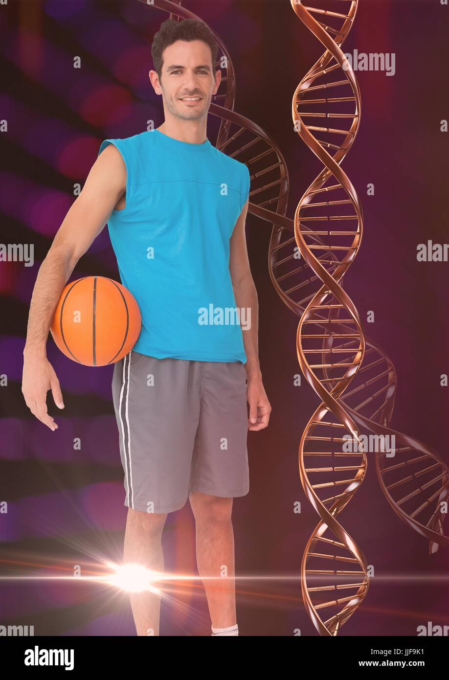 Composito Digitale del basket uomo rosso con catena di DNA, sullo sfondo delle luci Foto Stock