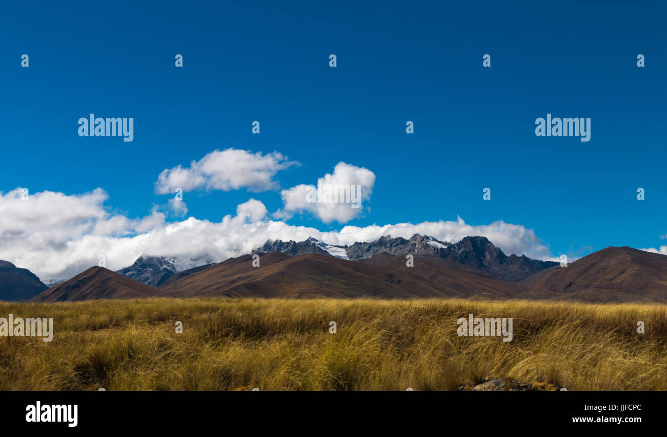 Vista di un campo nei pressi di Huaraz Perù con le montagne andine in background Foto Stock