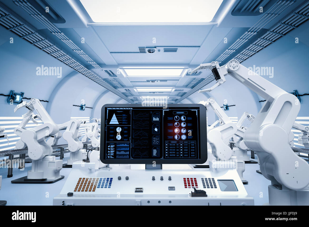 3D rendering schermata pannello di controllo con bracci robotizzati Foto Stock