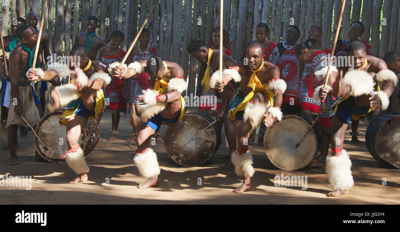 Quattro uomini di eseguire la tradizionale danza kick mantenga il villaggio culturale dello Swaziland Africa meridionale Foto Stock