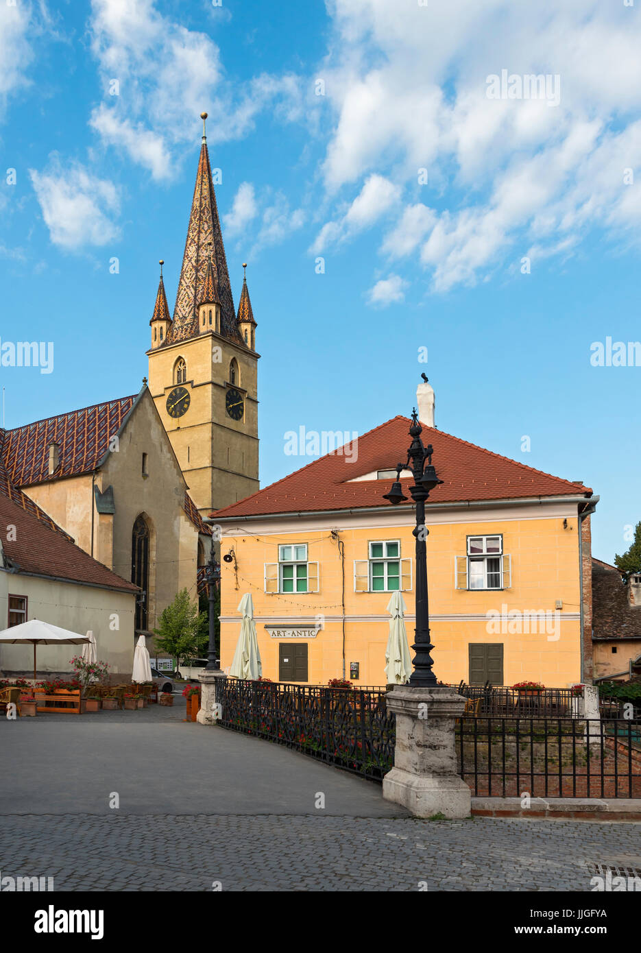 Bugiardo e Ponte Cattedrale Luterana, Sibiu, Romania Foto Stock