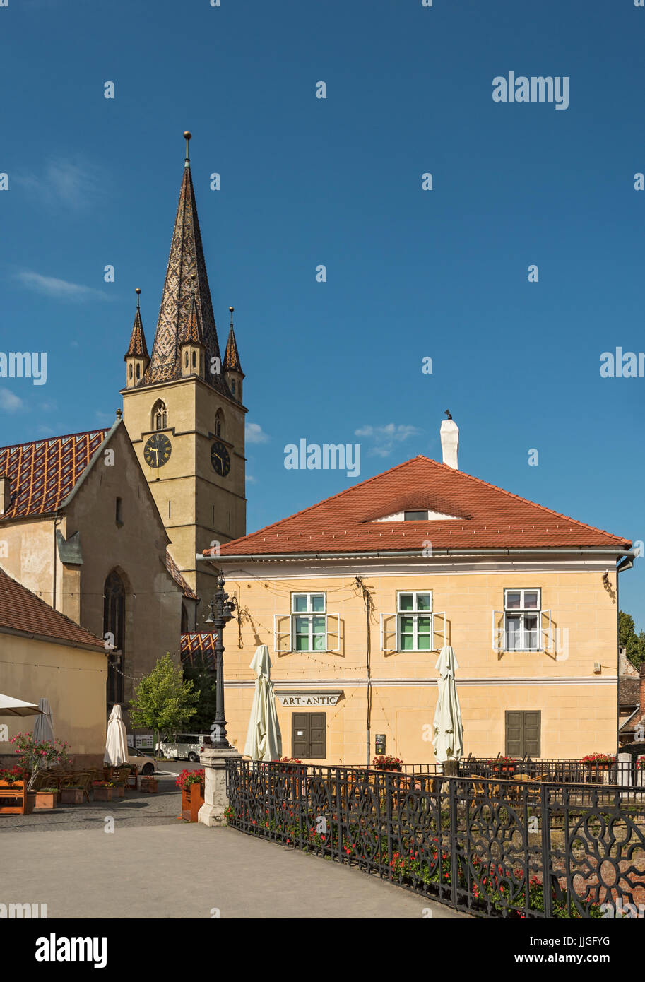 Bugiardo e Ponte Cattedrale Luterana, Sibiu, Romania Foto Stock