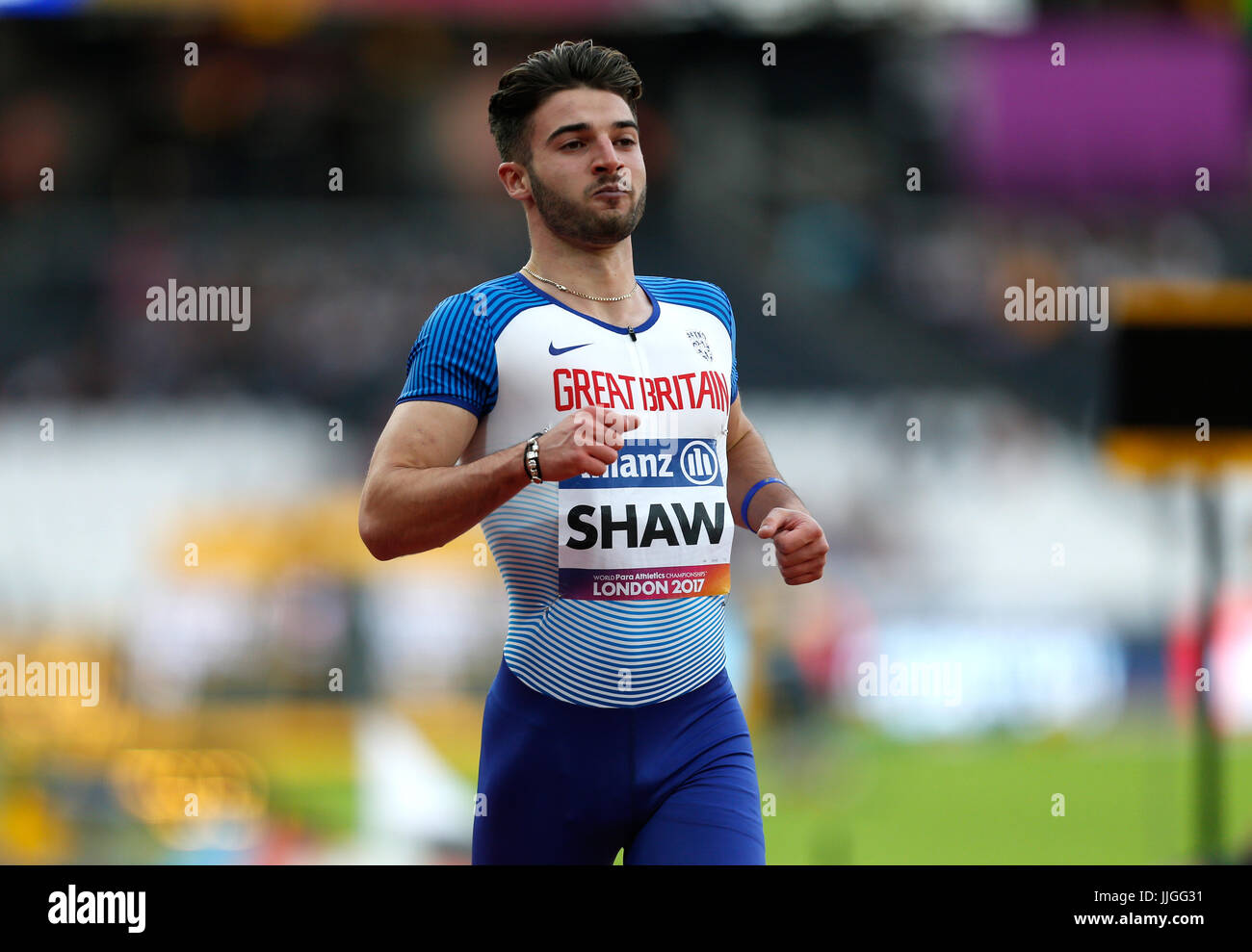 Gran Bretagna Zachary Shaw ottiene un personale migliore in Uomini 200m T12 durante il giorno sei del 2017 World Para di Atletica a Londra Stadium. Foto Stock