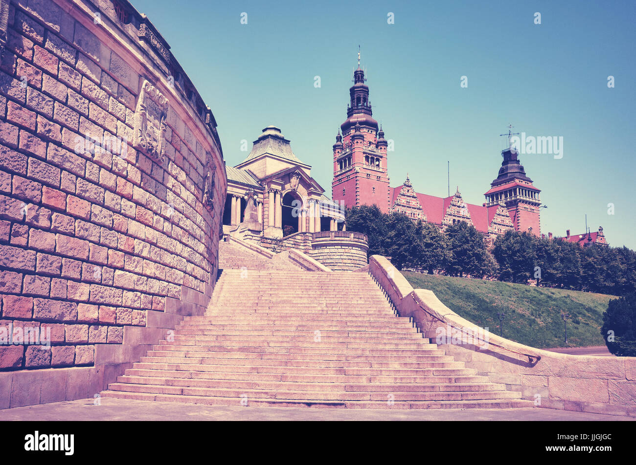 Vintage immagine stilizzata di argini Chrobry di Szczecin, Polonia. Foto Stock