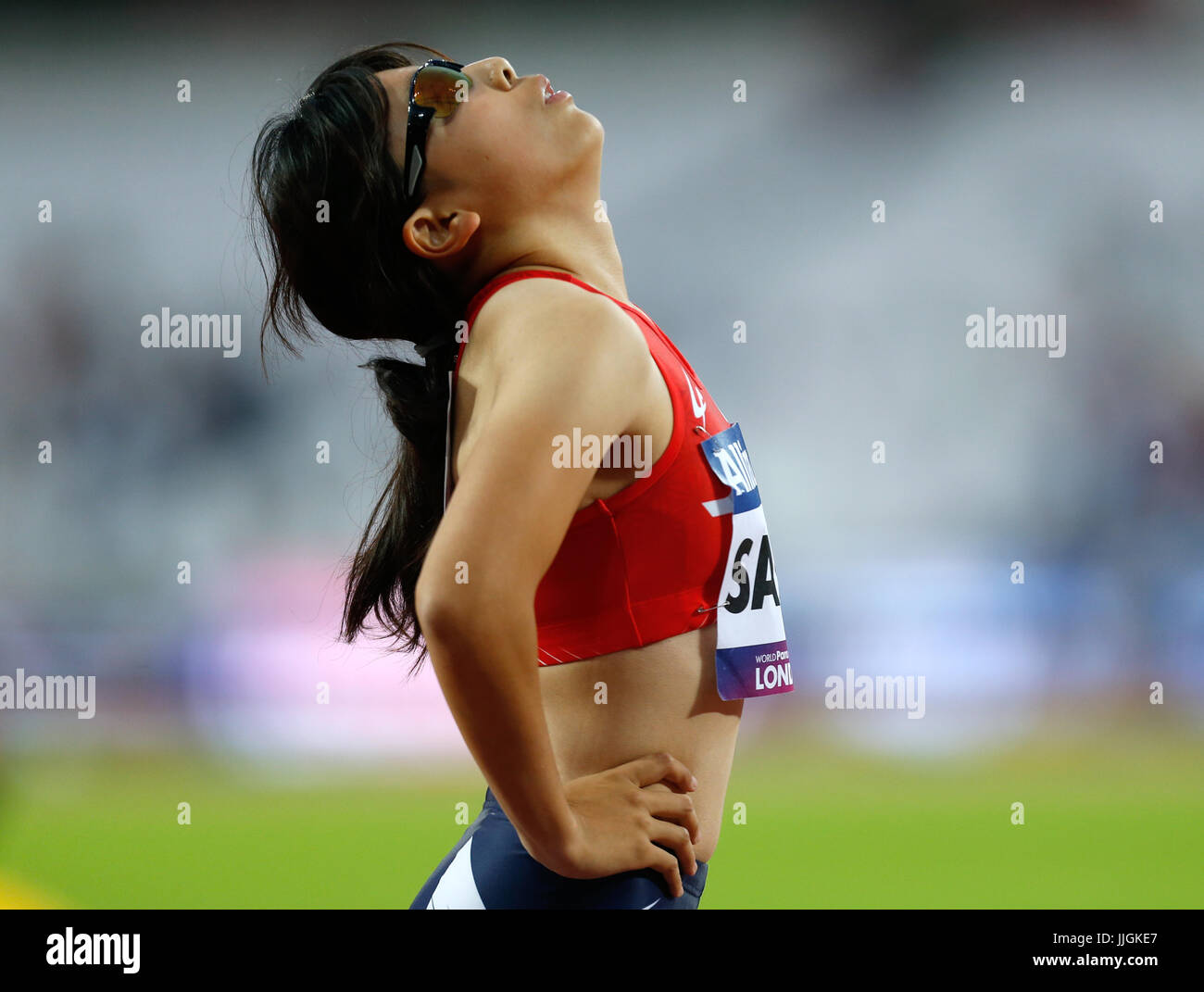 Il giapponese Mana Sasaki prima della finale femminile di 400m T13 durante il sesto giorno del campionato mondiale di atletica parasica 2017 allo stadio di Londra. PREMERE ASSOCIAZIONE foto. Data immagine: Mercoledì 19 luglio 2017. Vedi PA storia ATLETICA Para. Photo credit should Read: Paul Harding/PA Wire. Foto Stock